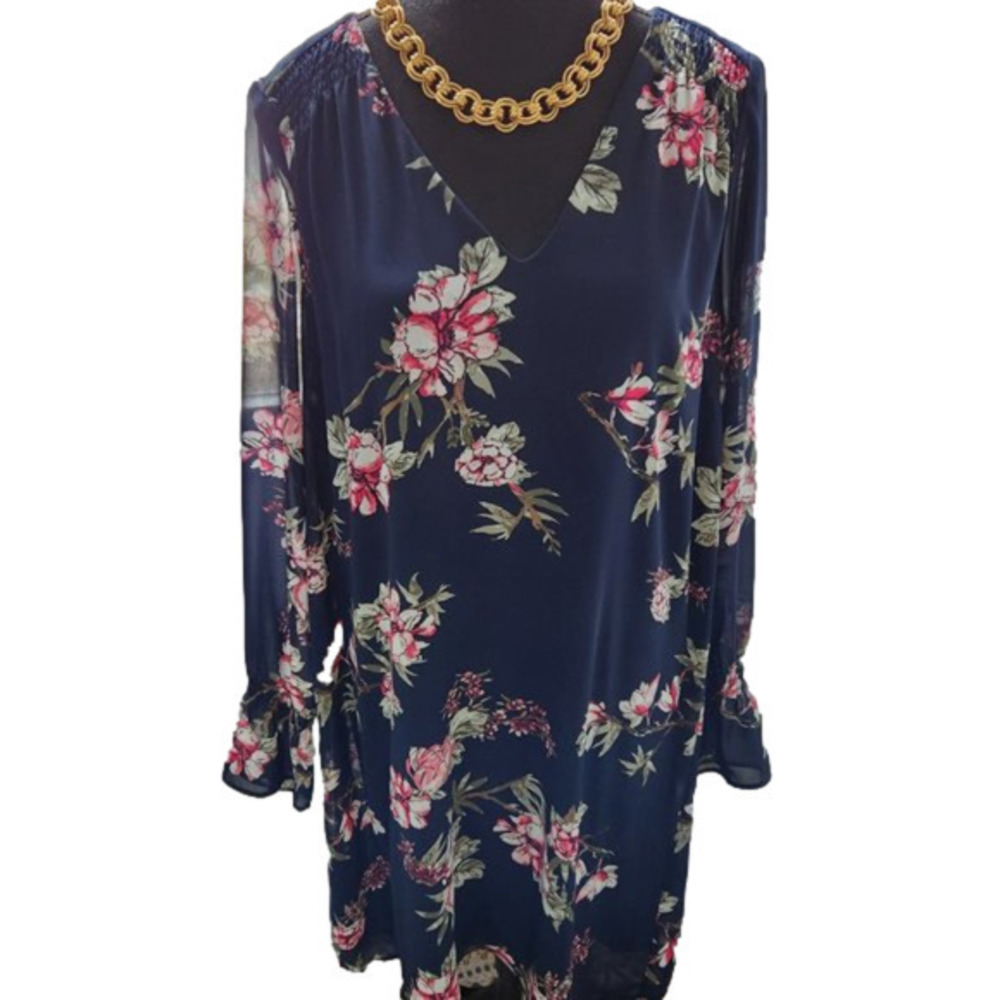 P238. Reitman's Blue Floral V-neck Dress with Sheer Long Sleeves |M